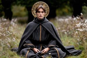 Man in dark cloak sitting in grass with golden halo photo