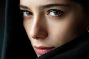 Close-up of woman with shawl and brown eyes gazing at camera photo