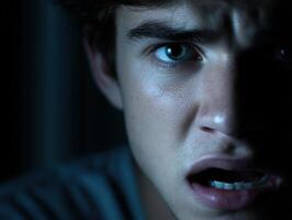 Young man shows fear and surprise in the dark at night photo