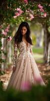 Woman poses in elegant gown in blossoming garden setting photo