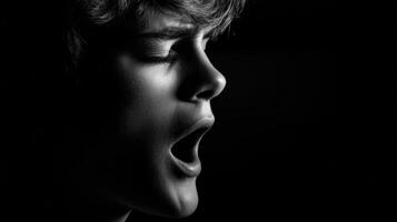 Teen boy with mouth open in black and white profile portrait photo