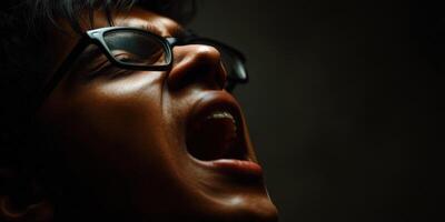Man with glasses screams in anguish toward the sky photo