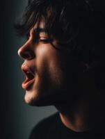 Young man with eyes closed and mouth open in dark setting photo