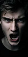 Man's angry expression with mouth open in dimly lit setting photo