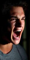 Man expresses anger by yelling in a darkened space photo