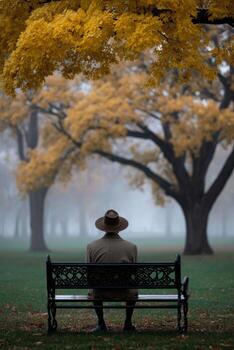 Man sits on bench looking at autumn trees in foggy park photo