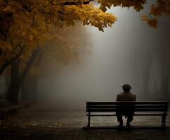 Old man sits on a bench in foggy autumn Park at twilight photo