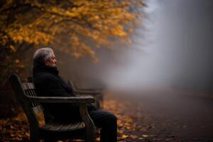 Man sits alone on wooden bench in foggy park during autumn photo
