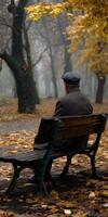 Man sits on bench alone in autumn park on foggy morning photo