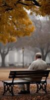 Man sitting on Park Bench in Autumn on a Foggy Day photo