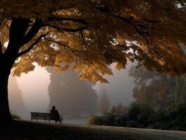Man Sitting on bench under autumn tree in Morning Fog photo