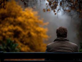 Man sitting on a bench in Park looking at trees in Autumn photo