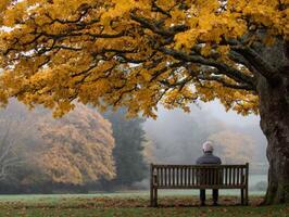 Man sits alone on bench under autumn tree in foggy park photo