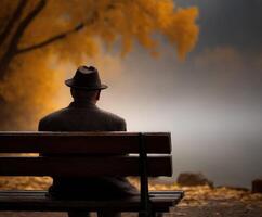 Senior man relaxes on a bench in park during fall season photo