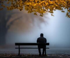 Man sits alone on park bench under autumn leaves at dusk photo