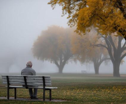 Man Sits on a bench in a Park on a foggy Autumn Day photo