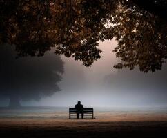 Man sits alone on Park Bench in Foggy Morning at Sunrise photo