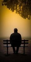 Man sitting alone on a park bench in foggy evening photo