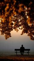 Man sitting alone on park bench under a tree at sunrise photo