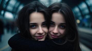 Twin sisters embracing at a subway station late at night photo