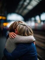 Two People embracing each other at a Train Station Platform photo