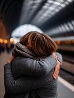 Woman embraces person in goodbye at Kings Cross Station in London photo