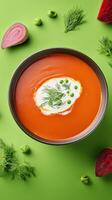 A bowl of beetroot soup with cream and dill, on green table. Flat lay, ideal for menus photo