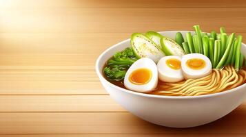 A bowl of ramen with boiled eggs and greens on a wooden table, for food service photo