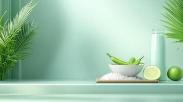 A spa setup on a platform with organic objects for skincare, cosmetics, or presentation purposes photo