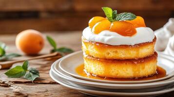 Apricot cake with cream on a plate on a wooden table. Serving dessert in the background photo