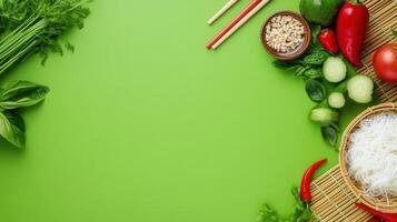 Asian vegan meal prep, noodles, veggies laid out on bright background. Use for food blogging photo