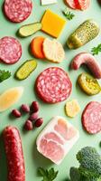 Assorted cold cuts, cheese and pickles on table, flat lay. For menu or recipe ideas photo
