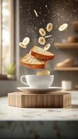Banana bread slices falling into a cup on a kitchen counter, light shining through a window photo