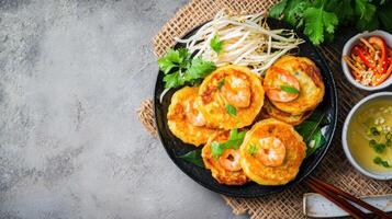 Banh khot on a plate with herbs and dips. Background A mat and concrete surface. Editorial use photo