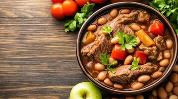 Beef and beans stew served in a bowl on a rustic wooden table, garnished with herbs and tomatoes photo