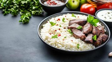 Beef cubes served with rice and fresh herbs on plate on a table. Food blog, recipe photo