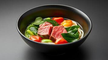 Beef Udon Soup A hot broth with beef, noodles, and vegetables served in a bowl photo