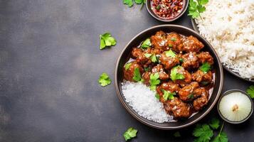 Beef with rice and herbs, served in a bowl, with seasoning, against a dark, neutral background, for a menu photo