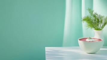 Beetroot soup on the table with dill vase. Restaurant food photography, menu or cookbook illustration photo