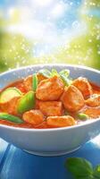 Bowl of Chicken Curry with Green Beans on a Blue Table, with Green and White Background, for cookbook photo