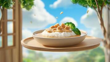 Bowl of curry and rice with broccoli on a tray, in front of a window with a sky background photo