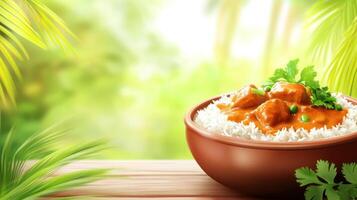 Bowl of curry on rice on table with greenery backdrop, for restaurant or blog advert photo