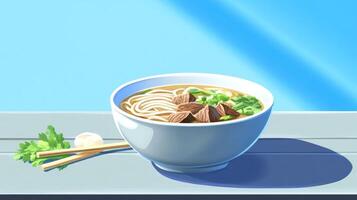 Bowl of noodle soup with beef on a table, with a blue background. Possible use restaurant menu photo