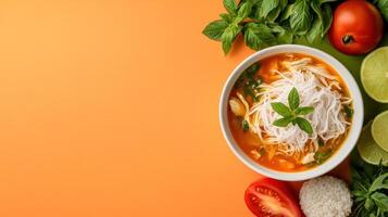 Bowl of noodle soup with veggies. Using for ad or menu creation. Bright orange background photo