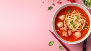 Bowl of noodles with meat balls on a colorful background, studio shot. For menu recipe, cookbook photo