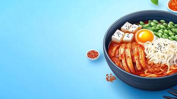 Bowl of noodles with tofu and kimchi on a table with spices for a food blog and restaurant menu photo