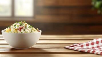 Bowl of potato salad with bacon bits on a wooden table in front of window photo