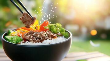 Bowl of rice with beef and vegetables topped with sesame seeds in a garden setting photo