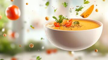 Bowl of savory soup floating above a table, with vegetables flying in blurred light-filled background photo