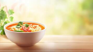Bowl of soup on wood table in a sunny garden, for a menu or food blog template photo